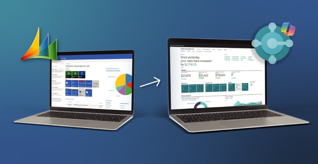 Laptop with Microsoft NAV on screen next to a bigger laptop with Microsoft Business Central on screen.